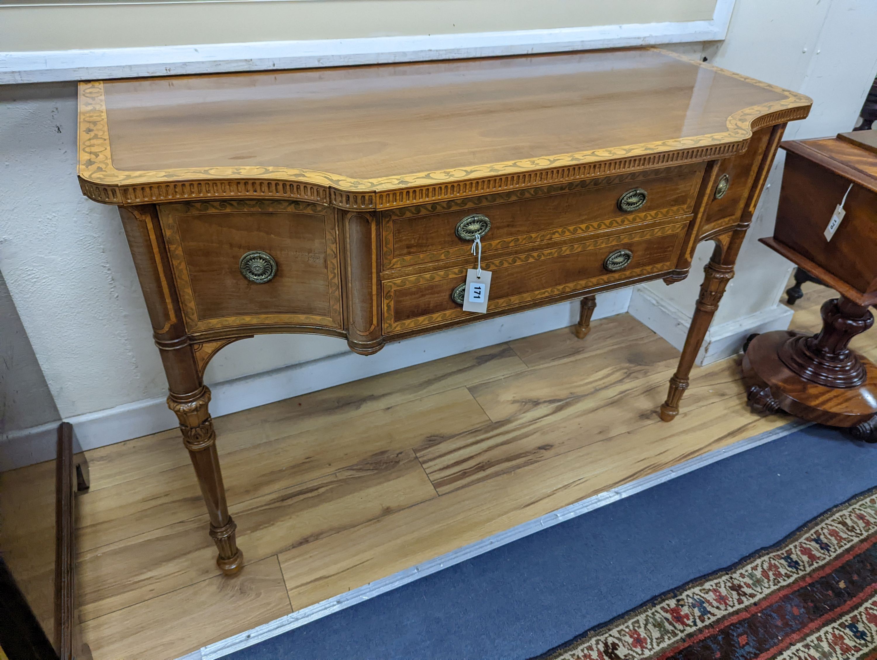 An early 20th century Sheraton style satinwood banded and marquetry inlaid mahogany breakfront sideboard, length 122cm, depth 58cm, height 82cm